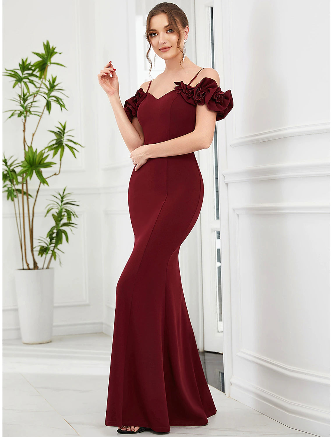 Women's Plus-Size Apparel Mermaid / Trumpet Evening Gown Vintage Dress Engagement Floor Length Sleeveless Off Shoulder Polyester with Ruffles