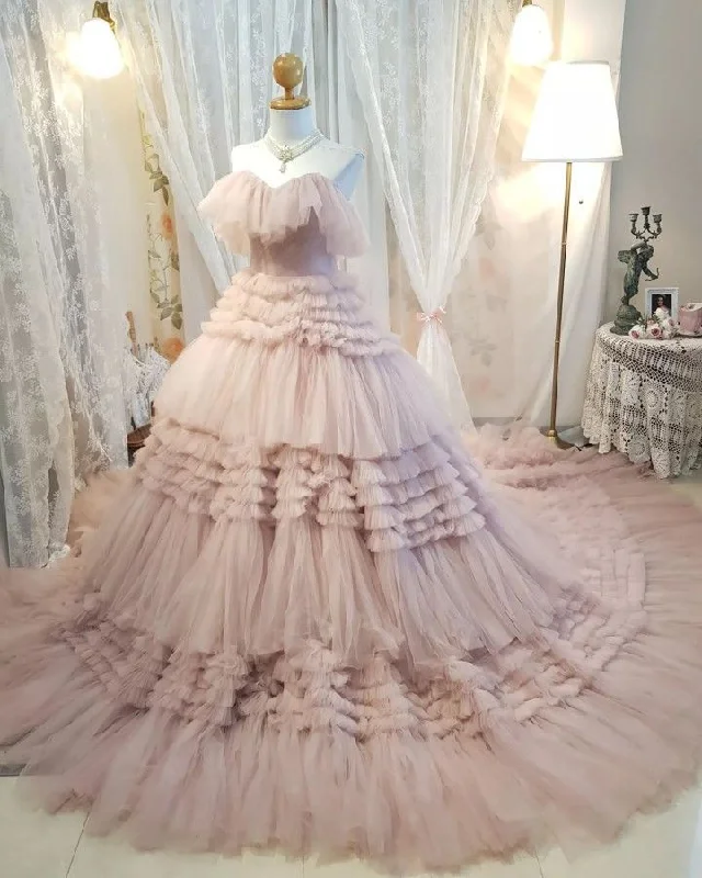 Luxury Women's Fashion Lovely Pink Ruffles Prom Dresses Ball Gown Evening Gown        S6329