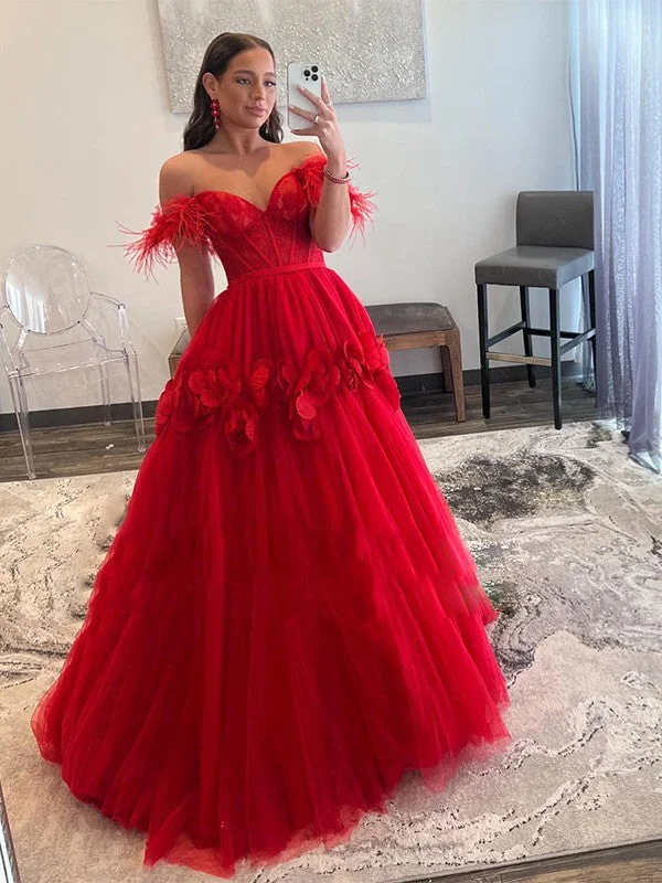 Feminine Dresses for Women in Bold Prints Ball Gown Tulle Feathers/Fur Off-the-Shoulder Sleeveless Sweep/Brush Train Dresses