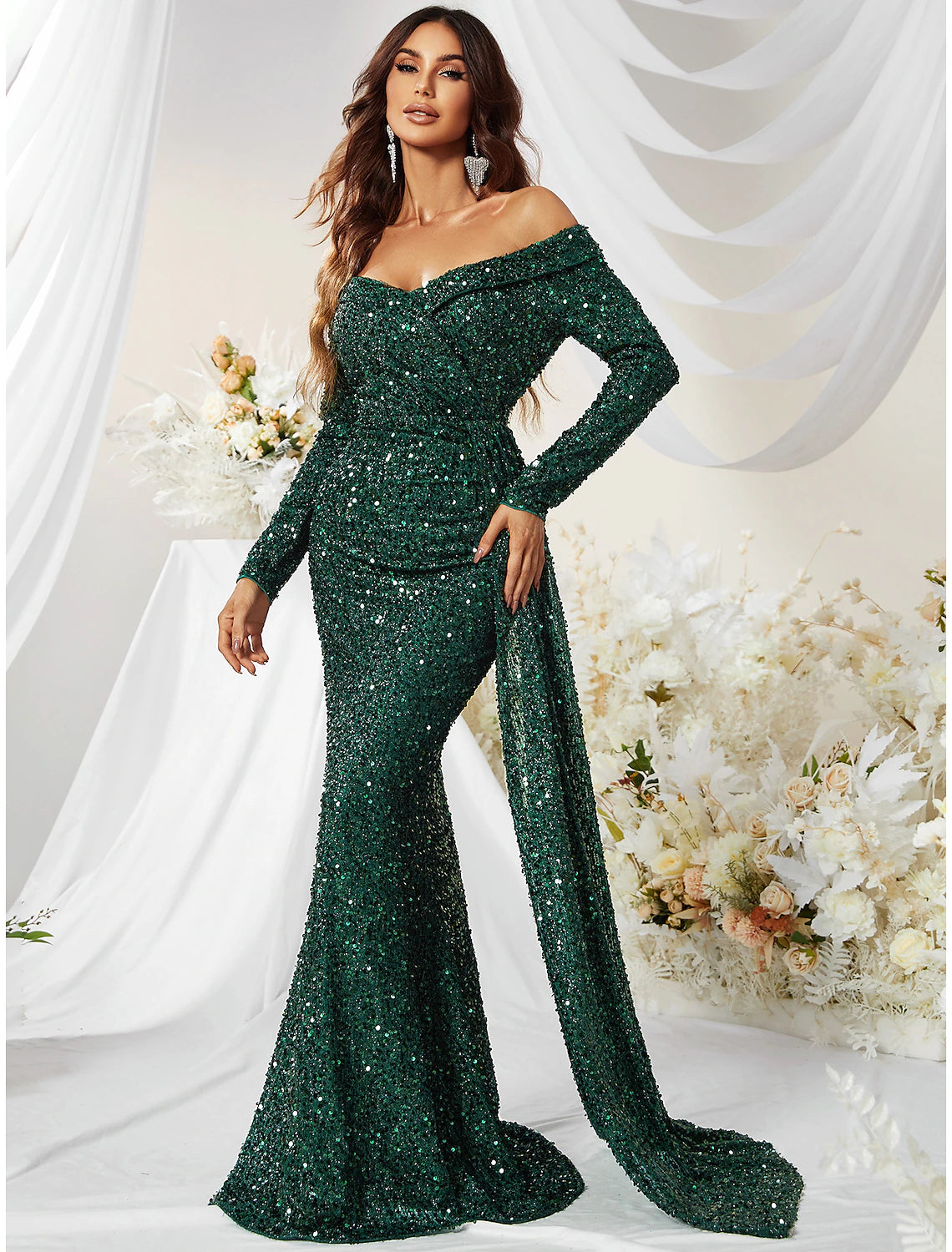 Women's Outerwear Garments Mermaid / Trumpet Evening Gown Sparkle & Shine Dress Formal Cocktail Party Sweep / Brush Train Long Sleeve Off Shoulder Polyester with Sequin