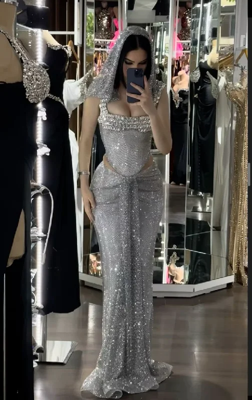 Women's Elegant Garments Silver formal dress Sexy Mermaid Long Evening Dresses Prom Gown     S6956