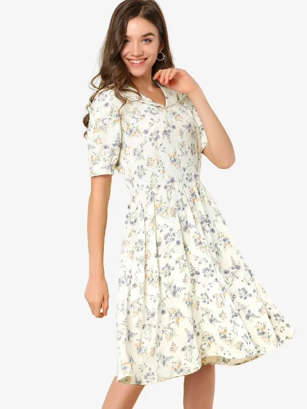 Plus-Size Women's Garments Retro Floral Peter Pan Collar High Waist Puff Sleeve Flowy Midi Dress