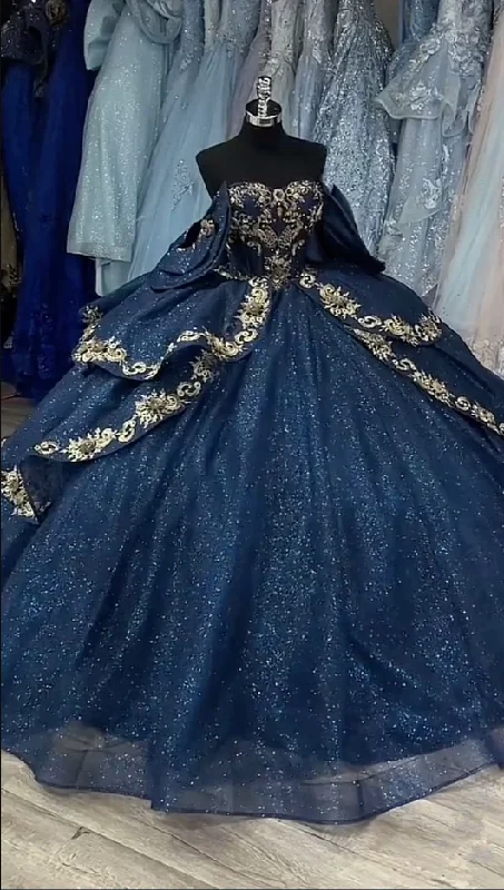 Women's Tops And Clothing A Line Navy Blue Ball Gown Birthday Party Dress Sparkly Quinceanera Dress      S6774