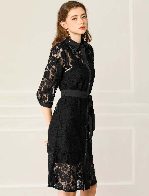 Women's Professional Apparel Collared 3/4 Sleeve Button Down Semi Sheer Belted Lace Floral Dress