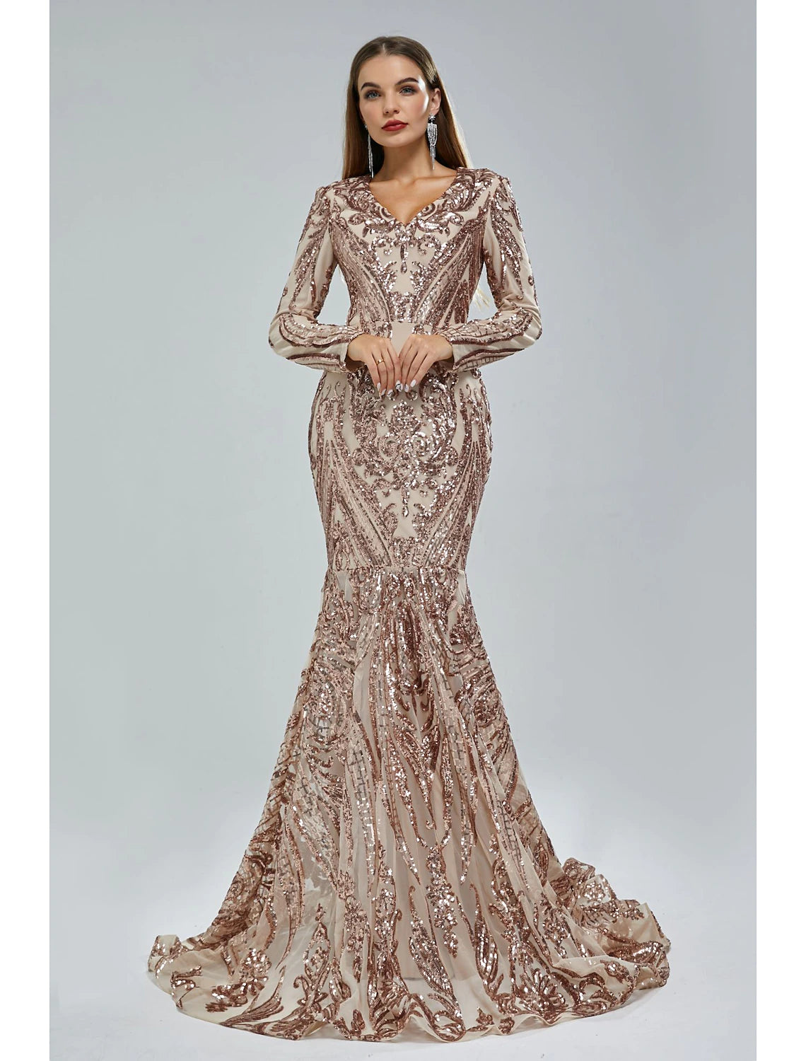 Women's Athletic Garments Mermaid / Trumpet Evening Gown Sparkle & Shine Dress Carnival Formal Court Train Long Sleeve V Neck African American Lace with Sequin