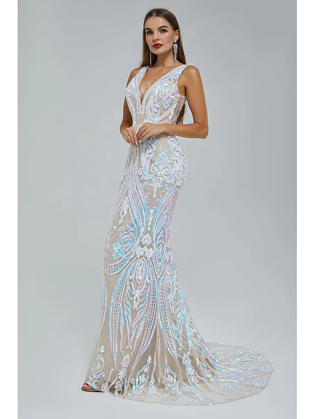 Women's Casual Wear Clothing Evening Gown Elegant Dress Engagement Court Train Sleeveless V Neck Sequined with Sequin