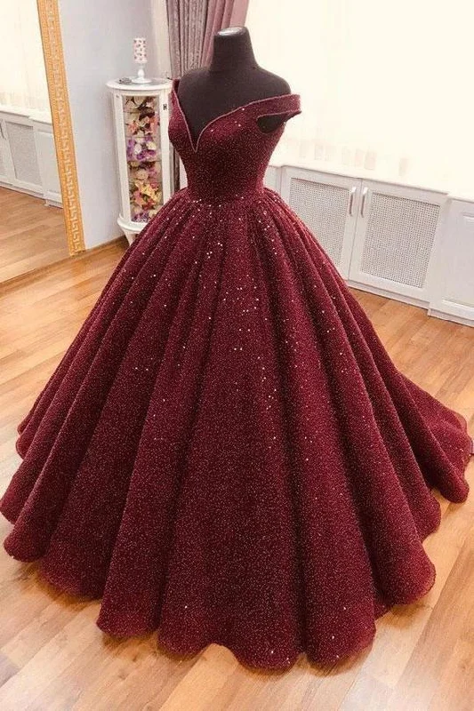 Affordable Women's Fashion Sparkle Ball Gown V Neck Burgundy Off the Shoulder Prom Dress Quinceanera Dresses