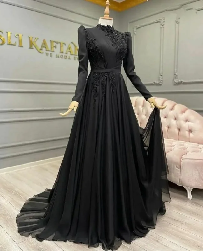 Charming Women's Holiday Apparel Black Evening Dresses Long Sleeves Beading Chiffon A-line Formal Prom Party Gown     S6899