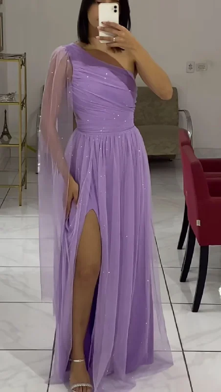 Sustainable Fashion Clothing For Women One Shoulder Lilac Long Party Dress Evening Gown With Slit       S6731