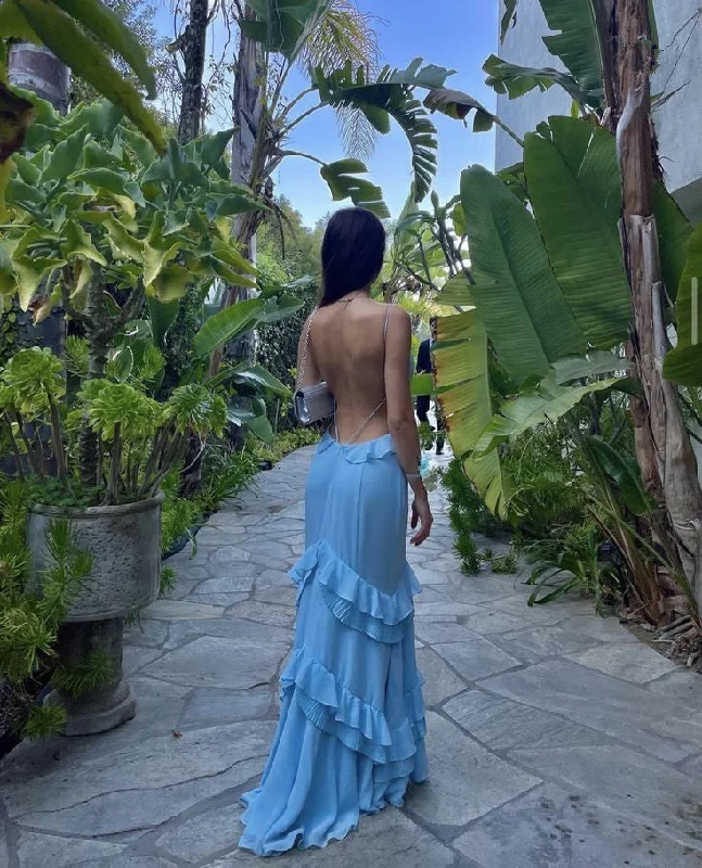 Modern Women's Wardrobe Essentials Backless V Neck Blue Long Prom Dress,Blue Formal Gown      S6316