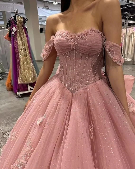 Women's Functional Outdoor Garments Pink Tulle Quinceanera Dresses for Sweet 16,Off-Shoulder Ball Gowns for Prom S6939