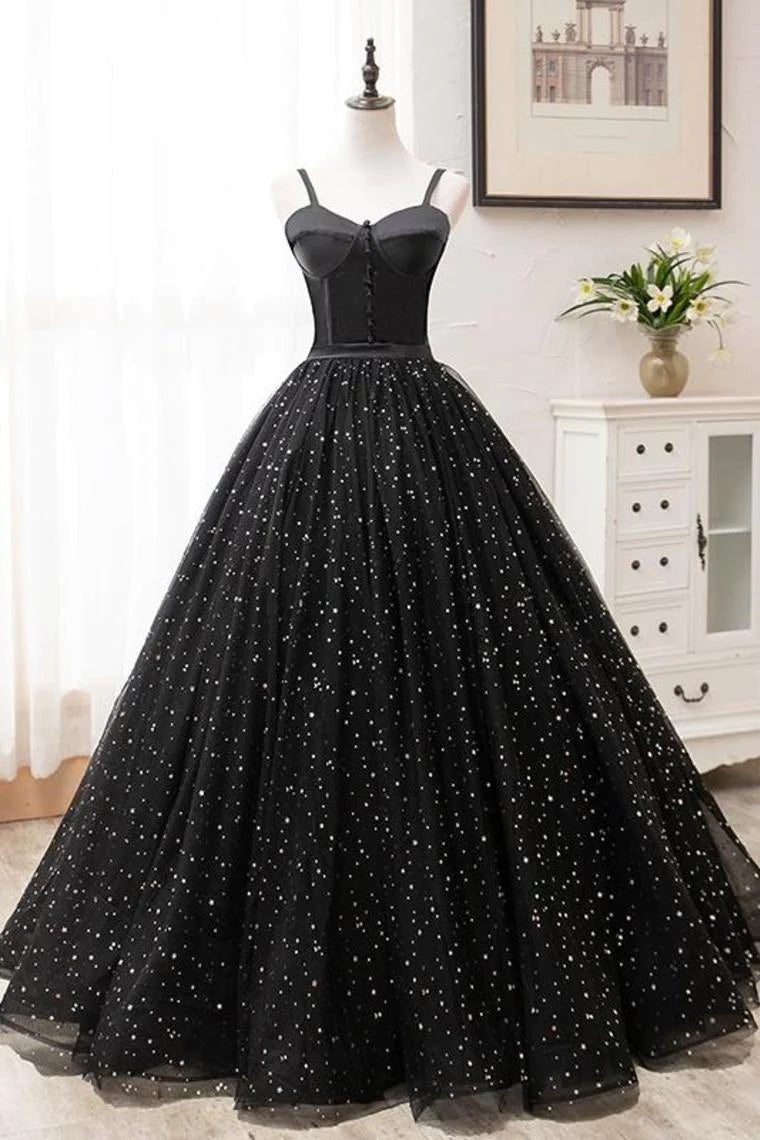 Casual Dresses for Women Vintage Ball Gown Black Princess Prom Dresses For Teens Cute Dresseses, Spaghetti Straps Quinceanera Dresses