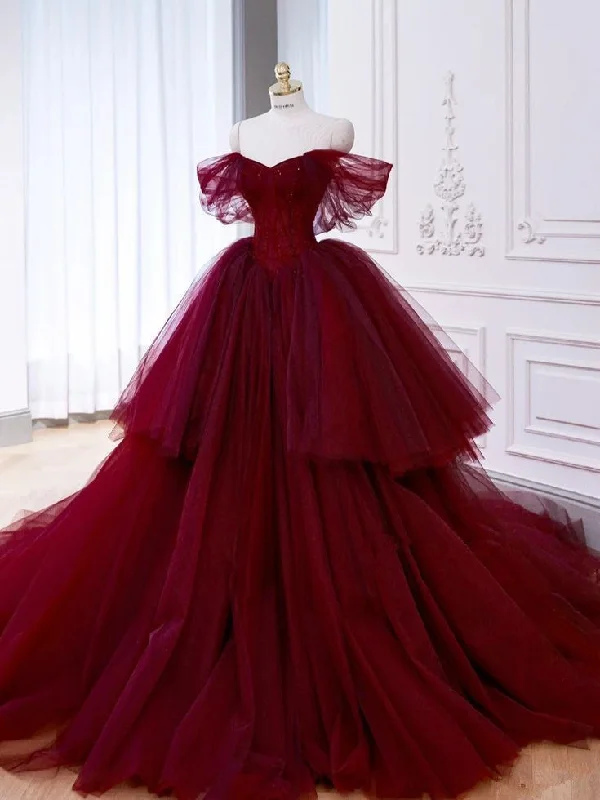 Bold and Elegant Women's Fashion Ball Gown Off The Shoulder Tulle Burgundy Sweet 16 Dresses       S6297