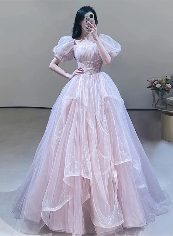 Women's Clothes And Apparel Sets A-Line Princess Pink Off Shoulder Tulle Beaded Sweetheart Bubble Sleeved Ballgown Evening Dress Prom Dress