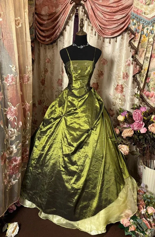 Women's Clothing Sale Green Long Spaghetti Straps Long Princess Dress Girl Prom Ball Gown       S6535