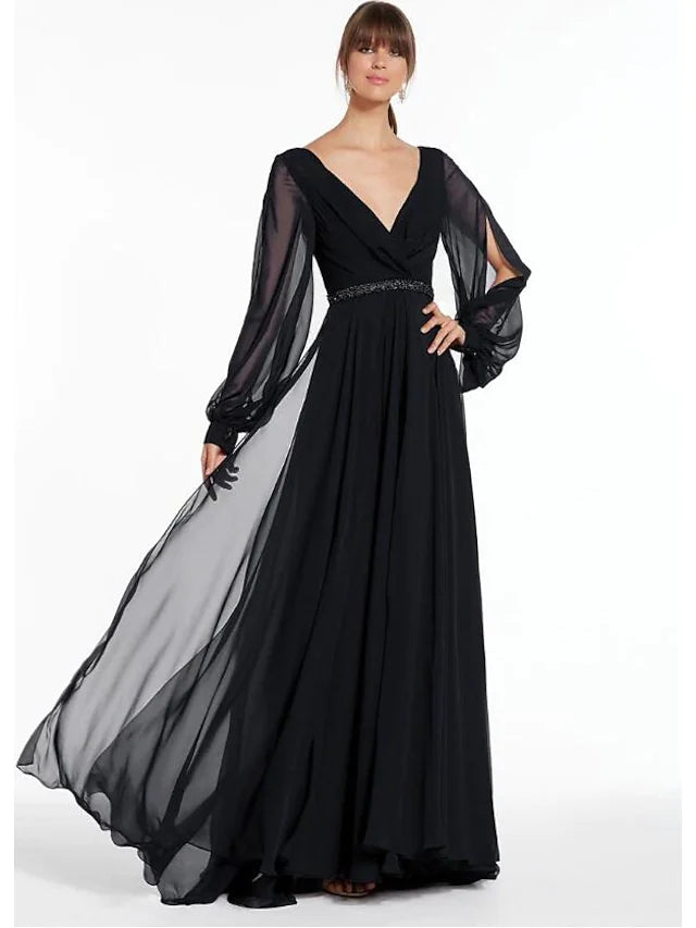 New Arrival Discounts Evening Gown Empire Dress Holiday Floor Length Long Sleeve V Neck Chiffon V Back with Beading