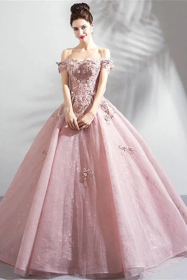 Fashion-forward Women's Clothing Ball Gown Pink Off the Shoulder Prom Dresses Lace Appliques Quinceanera Dresses