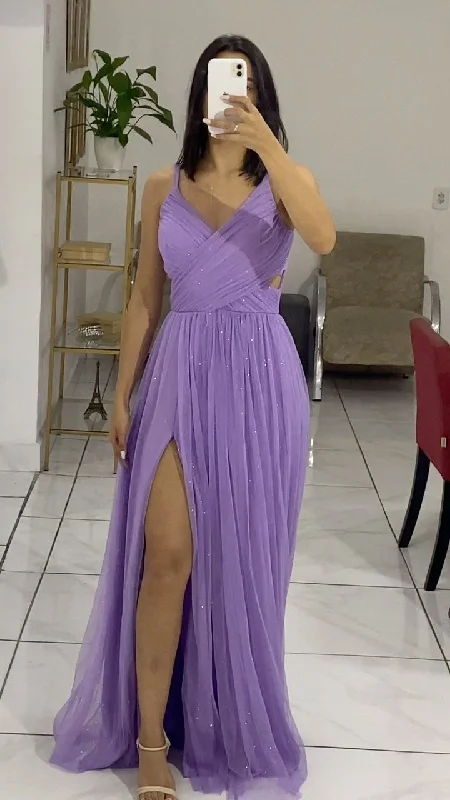 Stylish And Comfortable Clothing For Women V Neck A Line Straps Lilac Long Party Dress Evening Gown With Slit       S6732