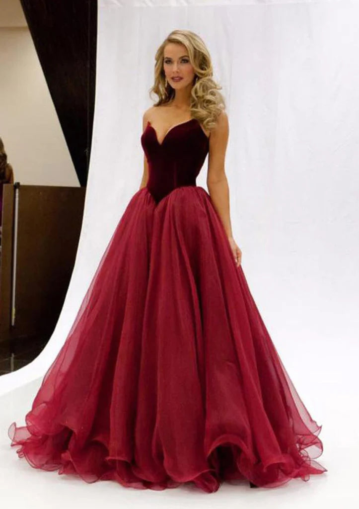 Women's Comfy Attire For Lounging Strapless Organza Velvet Burgundy/Crimson Party Gown Pageant Prom Dress