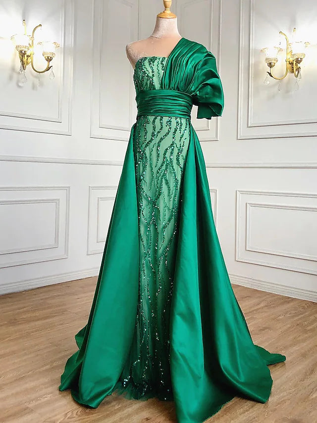 Formal Clothing For Women Evening Gown Luxurious Dress Formal  Sleeve One Shoulder Charmeuse with Ruched Crystals