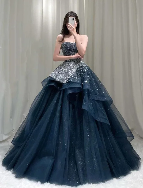 Timeless Women's Fashion Styles Shining Ball Gown Strapless Tulle Prom Dresses With Rhinestones      S6351