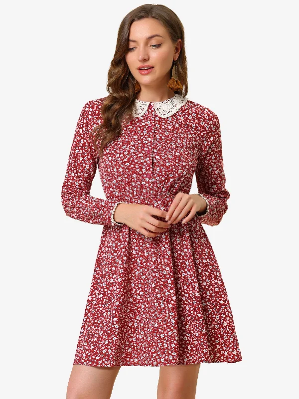 Women's Comfortable Lounge Garments Peter Pan Collar Long Sleeve Half Placket Floral Dress with Belt