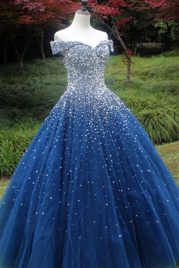 Elegant Women's Fashion Sparkle Off The Shoulder Blue Ball Gown Prom Dresses, Puffy Tulle Quinceanera Dresses