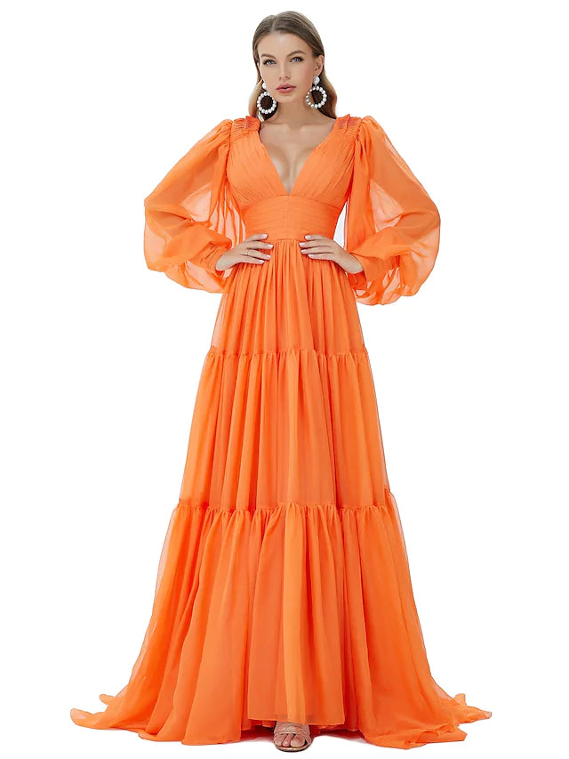 Women's Chic Apparel Evening Gown Sexy Dress Party Wear  Long Sleeve V Neck Chiffon with Ruched