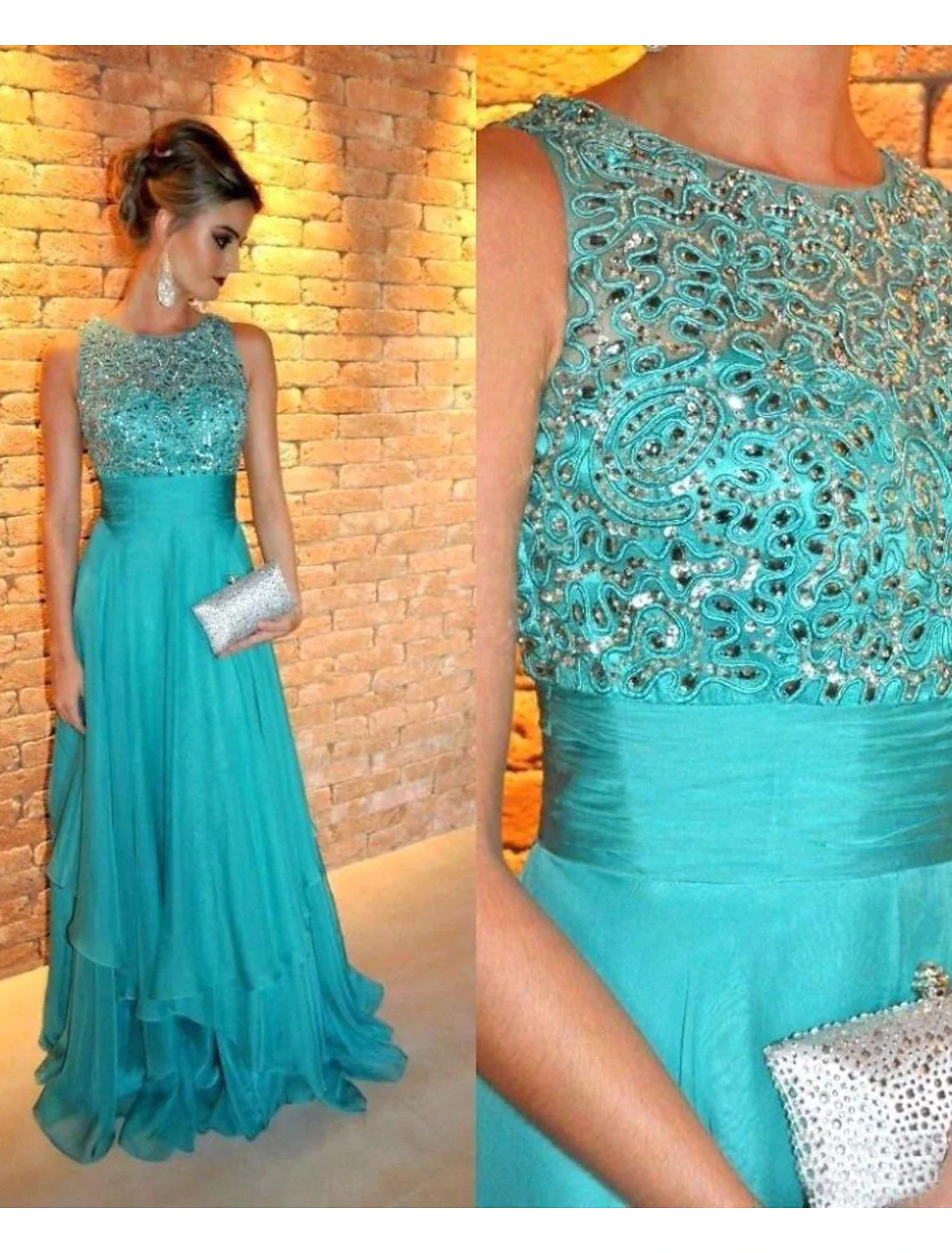 Women's Clothing Brands A-Line Evening Gown Tiered Prom Dress Formal Sweep / Brush Train Sleeveless Jewel Neck Chiffon with Rhinestone