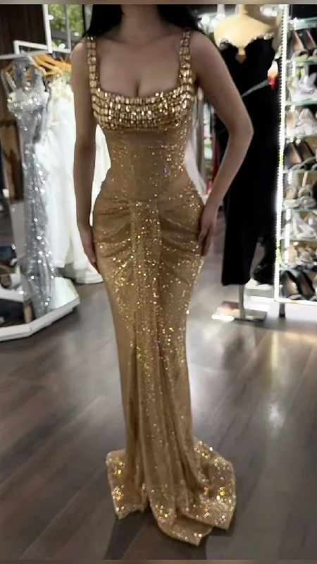 Women's High-Fashion Garments Sexy Gold Mermaid Long Evening Dresses Beaded Prom Gown     S6953