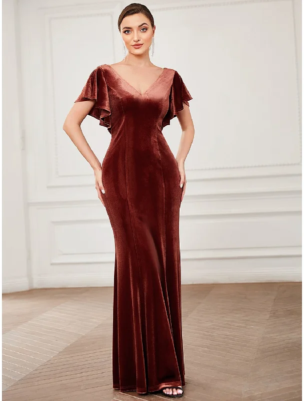 Women's Athleisure Apparel Mermaid / Trumpet Evening Gown Vintage Dress Formal Floor Length Short Sleeve V Neck Velvet V Back with Ruffles Pure Color