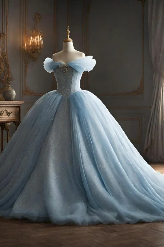 Fashion-Forward Women's Clothing Modest Ball Gown Off The Shoulder Tulle Long Light Sky Blue Sweet 16 Dress      S6733