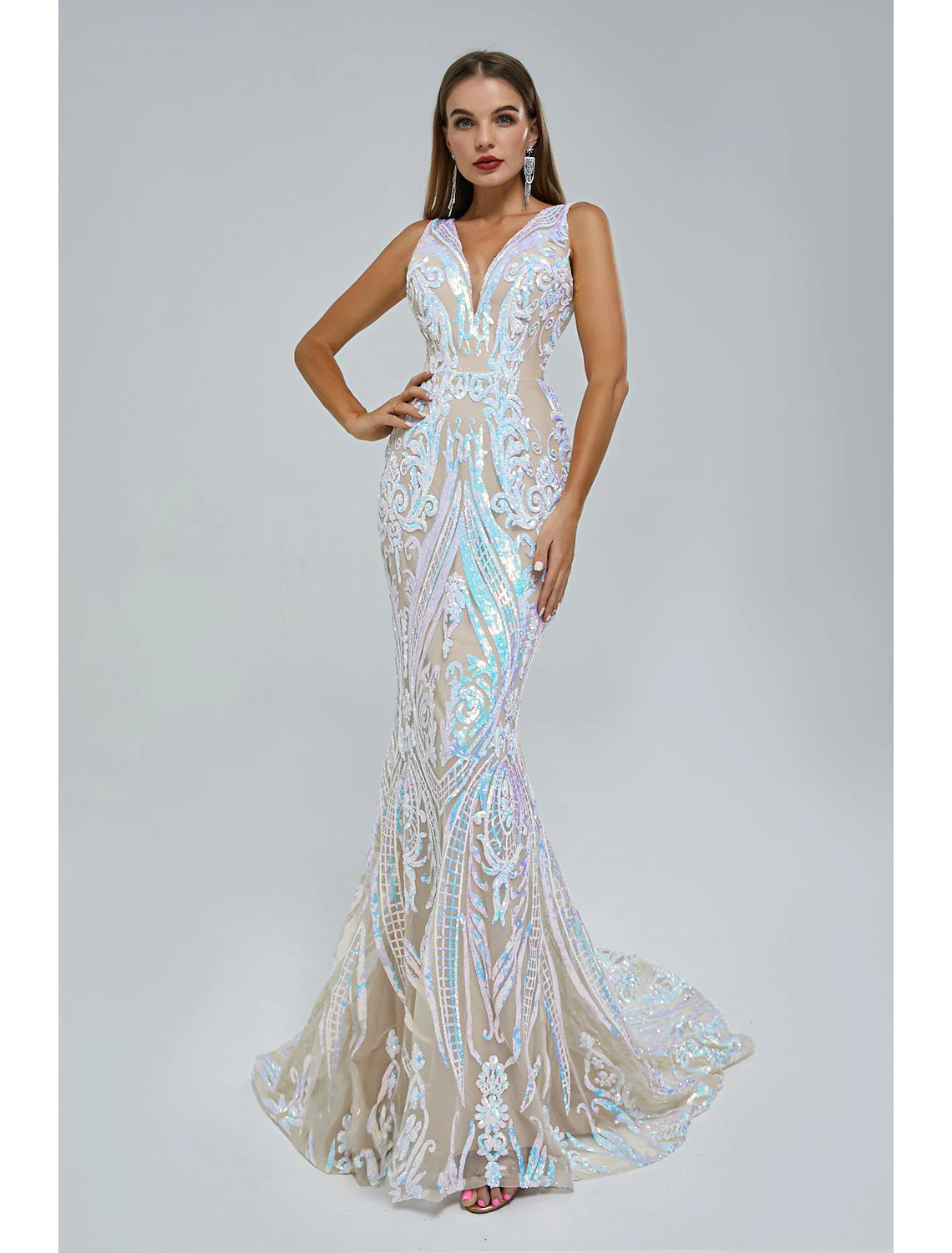 Women's Resort Garments Mermaid / Trumpet Evening Gown Sparkle & Shine Dress Engagement Formal Evening Court Train Sleeveless V Neck Sequined with Sequin