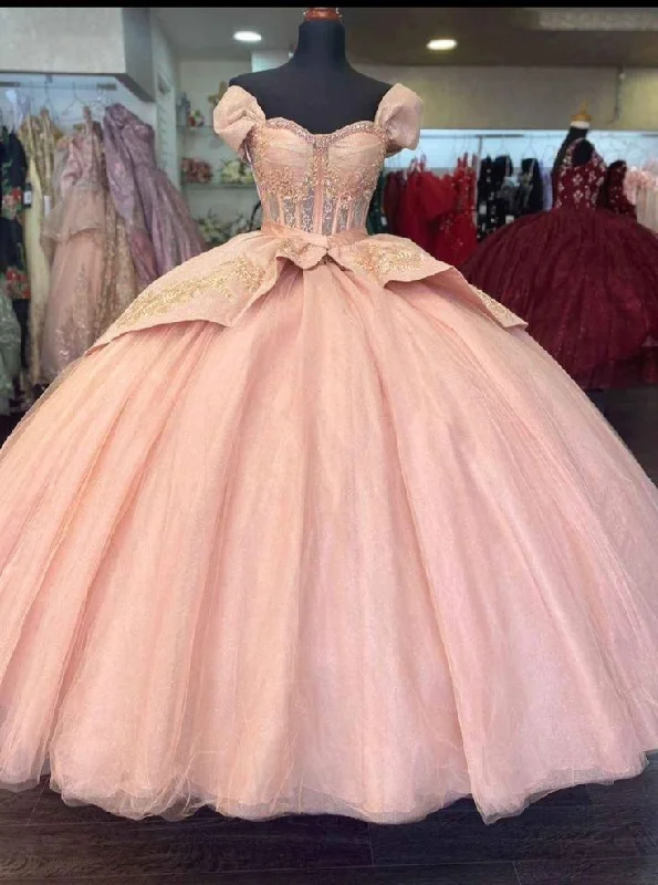 Minimalist Women's Fashion Clothing Quinceanera Dresses Off The Shoulder Pink Ball Gown Evening Dress        S6429