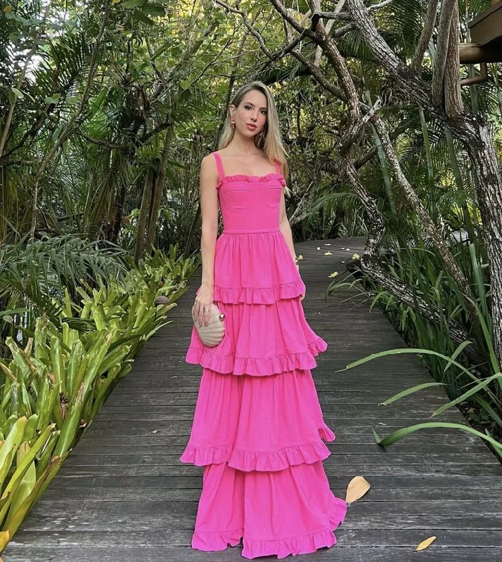 Women's Casual Garments A Line Hot Pink Long Evening Dresses Prom Gown     S6967