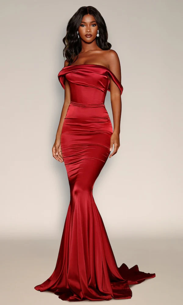 Women's Clothing Apparel Sets Mermaid Deep Red Delilah draped neckline ball gown bottom with sweeping train