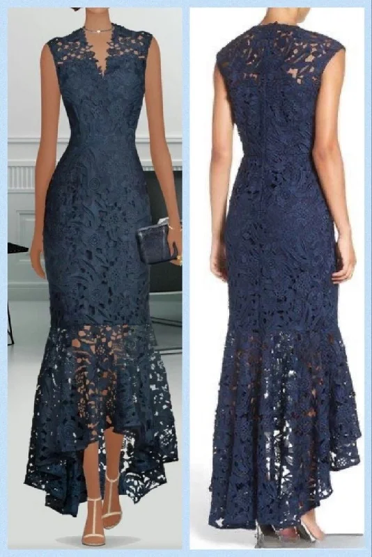 Women's Stylish Vacation Attire Navy blue lace v neck prom dress, long evening gown      S7000