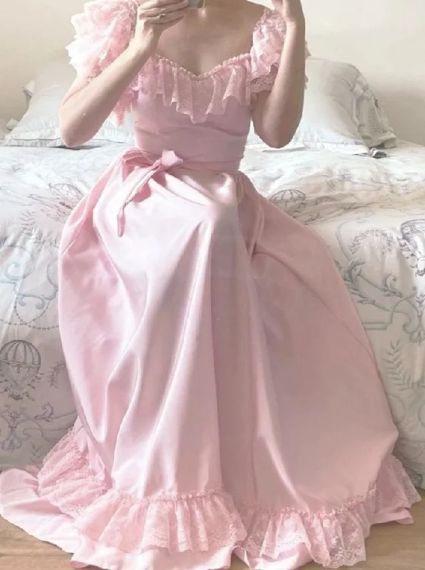 Women's High Street Fashion Vintage Pink Prom Dresses A-Line Off Shoulder Evening Party Gowns      S6293