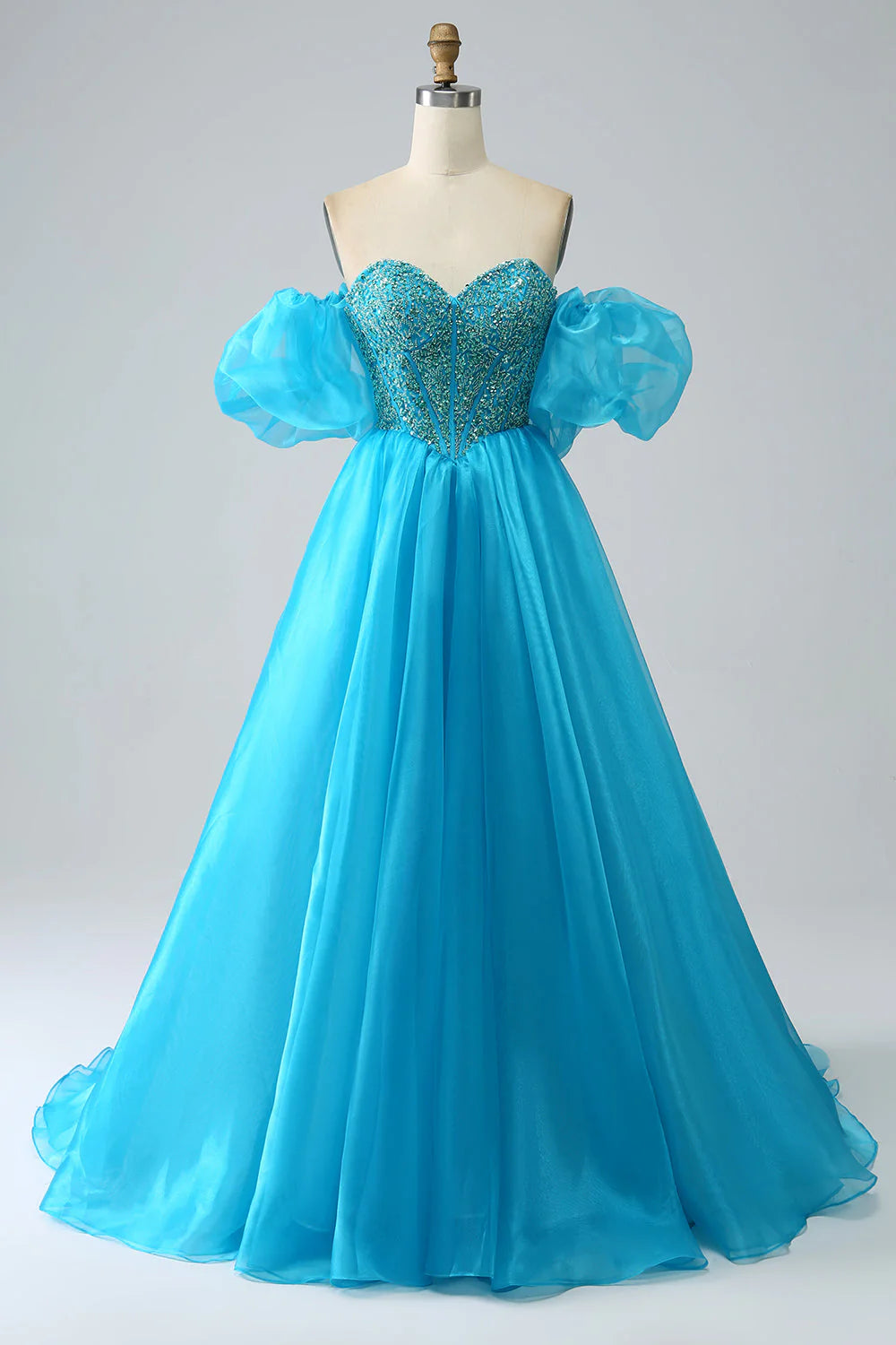 Women's Clothing for All Occasions Amzcw Blue Ball-Gown Sweetheart Beaded Corset Prom Dress with Detachable Sleeves prom dresses shops