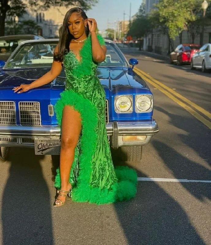 Women's Workout Clothing Green Sparkly African Prom Dresses for Women Slit Evening Birthday Gala Gown Black Girl      S6800