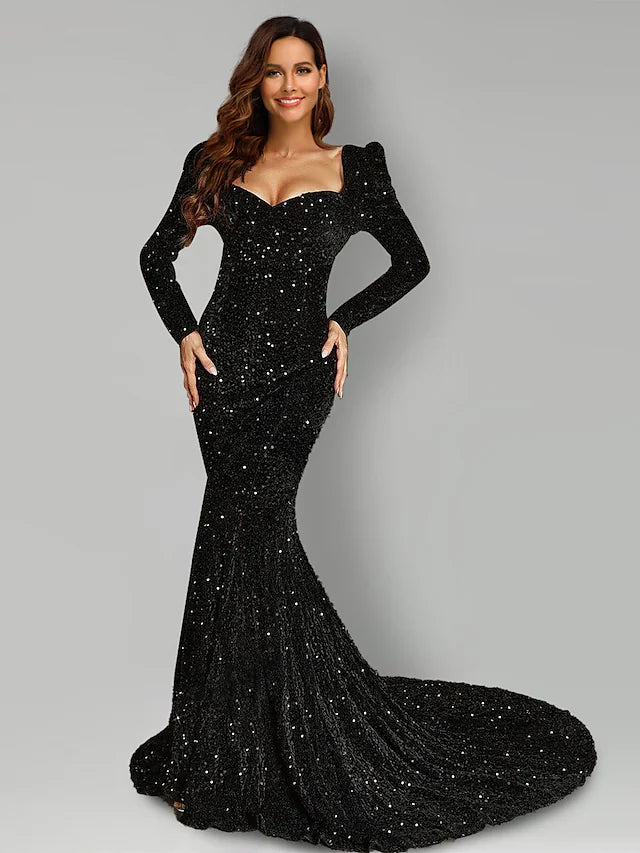 Comfortable Women's Clothing Evening Gown Black Dress Formal Court Train Long Sleeve Square Neck Sequined with Sequin