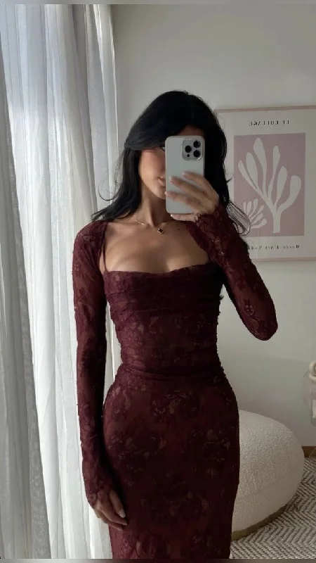 Women's Activewear Garments Lace Evening Dresses for Women Sexy Mermaid Long Sleeves Prom Gown     S6968