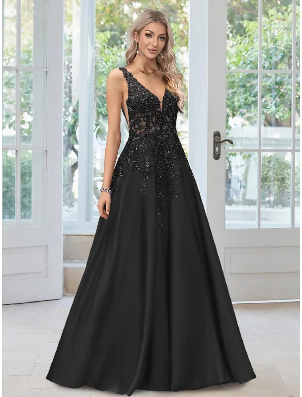 Women's Party Clothes A-Line Evening Gown Black Dress Formal Floor Length Sleeveless V Neck Lace with Appliques