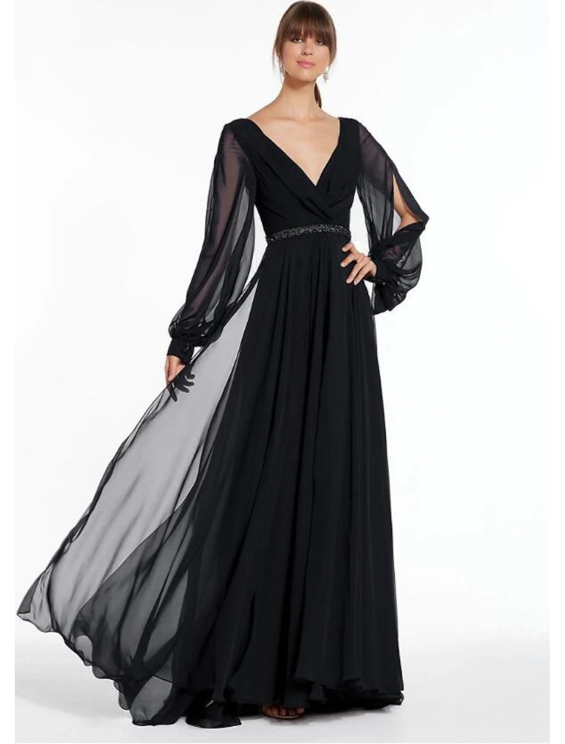 Sustainable Women's Apparel A-Line Evening Gown Empire Dress Holiday Floor Length Long Sleeve V Neck Chiffon V Back with Beading