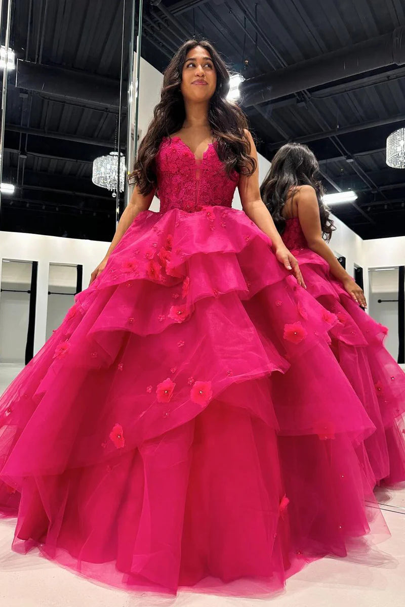 Women's Functional Apparel For Outdoor Activities Fuchsia Sweetheart Tiered Tulle Ball Gown Prom Dresses with Appliques