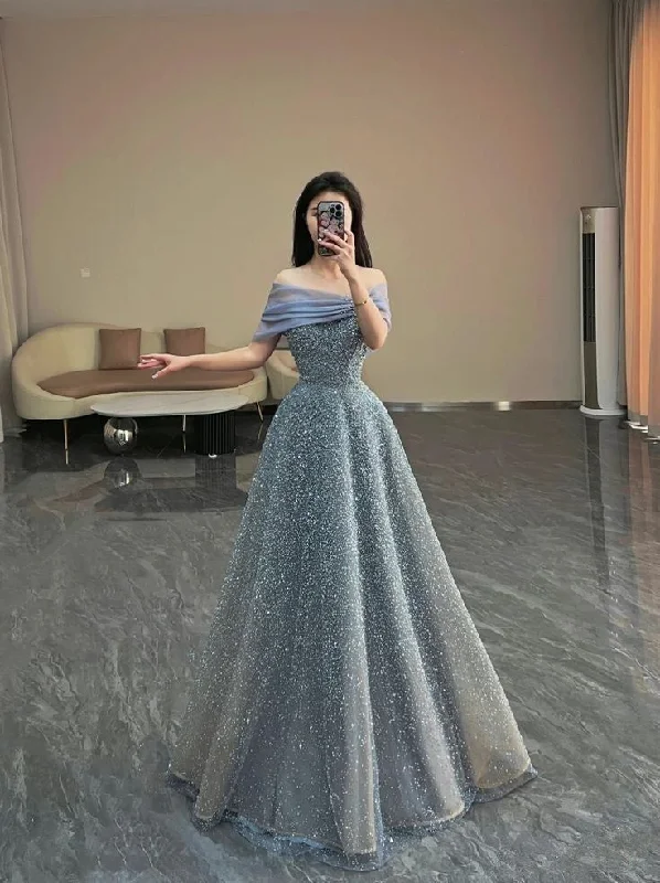 Stylish Everyday Clothing Modest Ball Gown Off The Shoulder Sequin Long Party Dress Gray Prom Dress         S6256