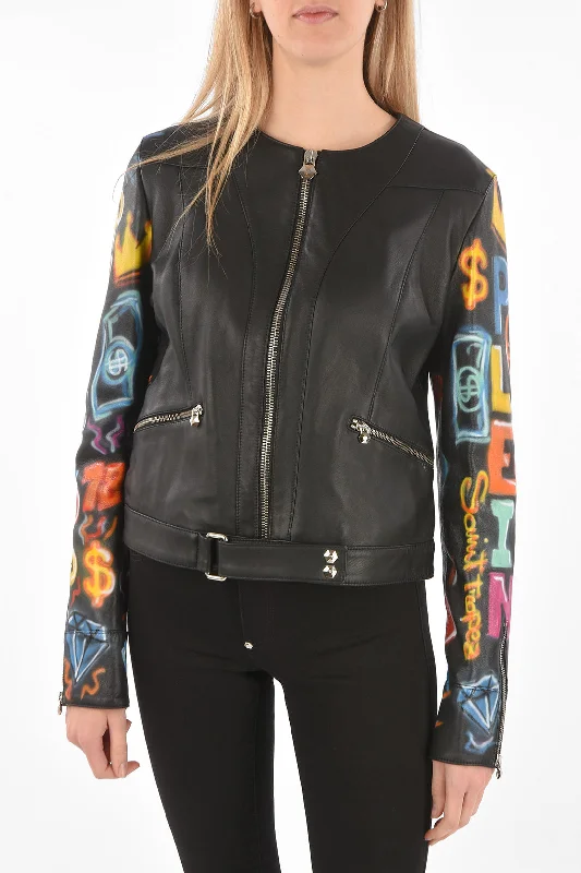 Women's Timeless Attire Philipp Plein COUTURE Leather Jacket GRAFFITI with Printed Sleeves