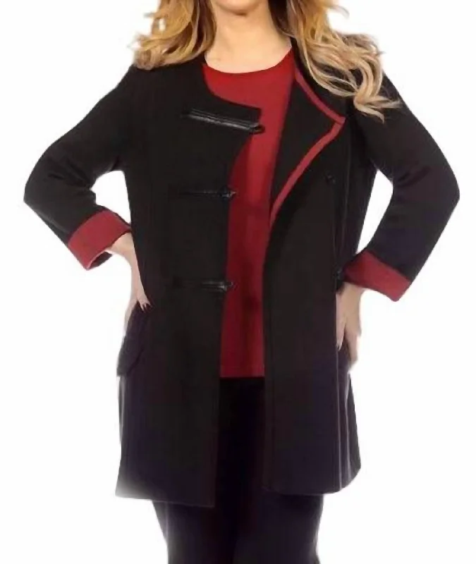 Luxury Women's Clothing Double Welt Sweater Jacket In Black/red