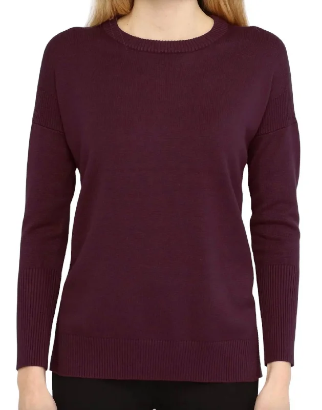 Women's Clothing Crew Neck Pullover Top W/ Side Slits In Vineyard Wine