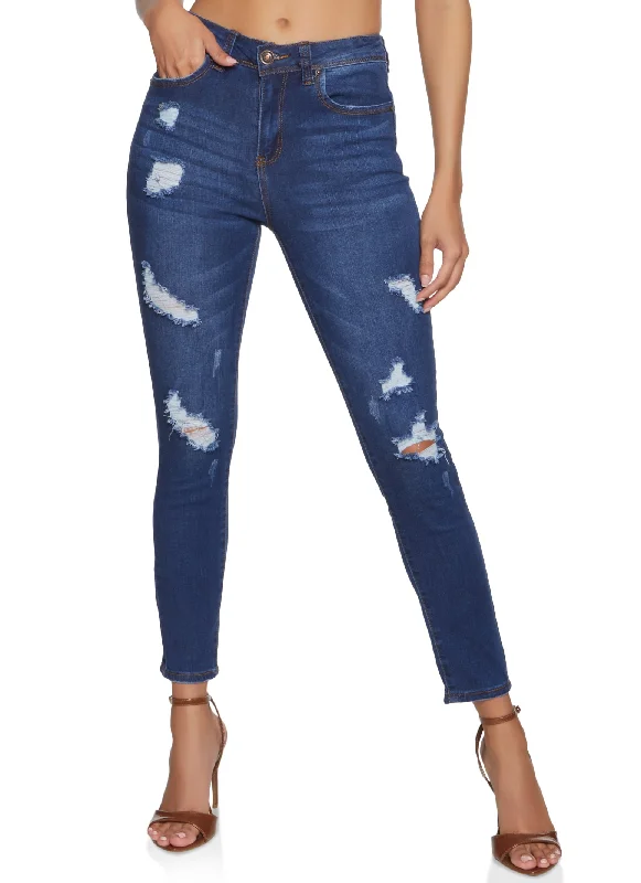 High-End Women's Apparel WAX Mid Rise Distressed Jeans